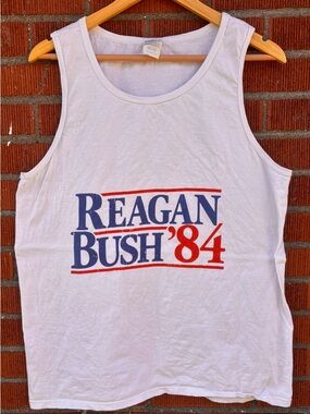 Vintage Reagan Bush '84 Graphic Tank Top - White with Red & Blue Print